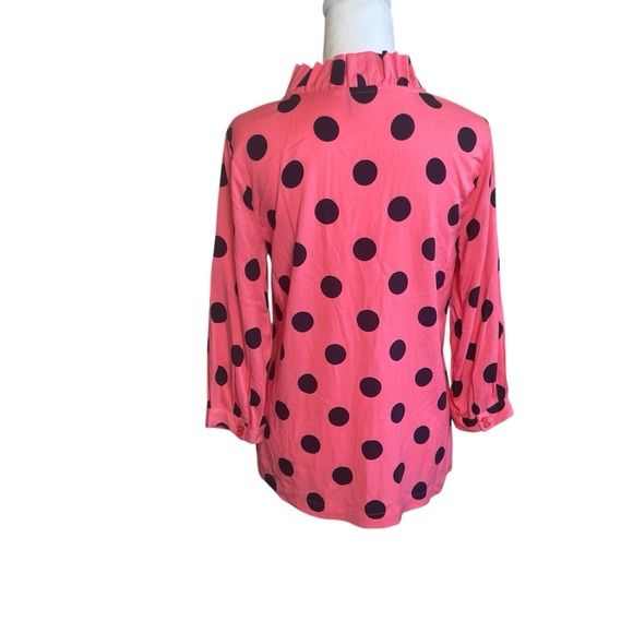 Crown & Ivy Coral Black Polka Dot V-Neck Top XS Ruffle Neck Business Casual EUC - Picture 4 of 9